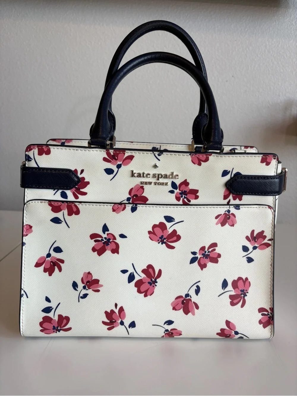 kate spade Cream Floral Satchel with Pink & Navy Accents